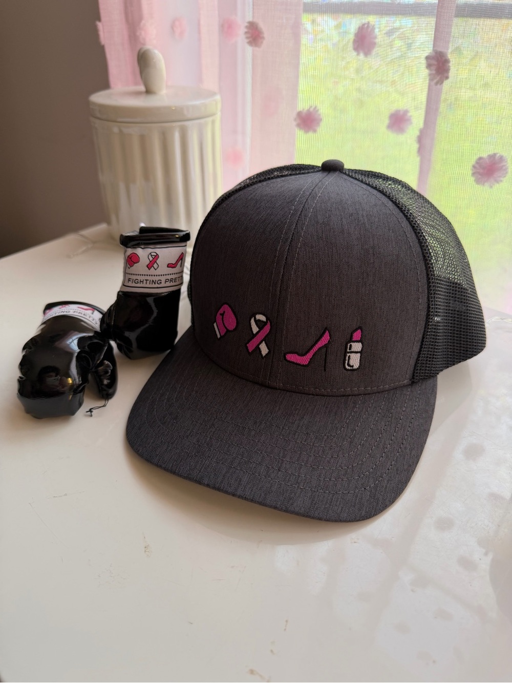 ‘Fighting Pretty’ Pink Ribbon Trucker Hat - Cancer Awareness care kit